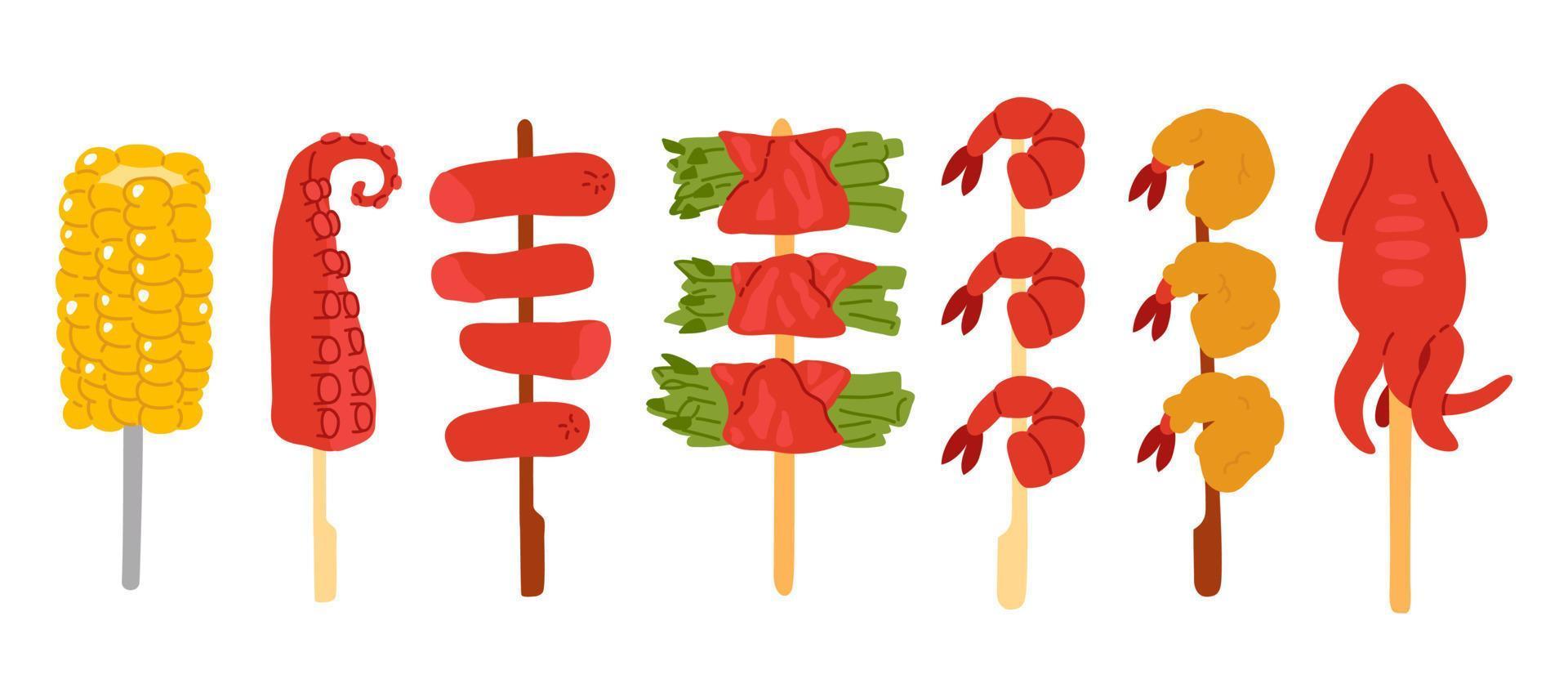 garabatear asiático comida yakitori, kushikatsu vector