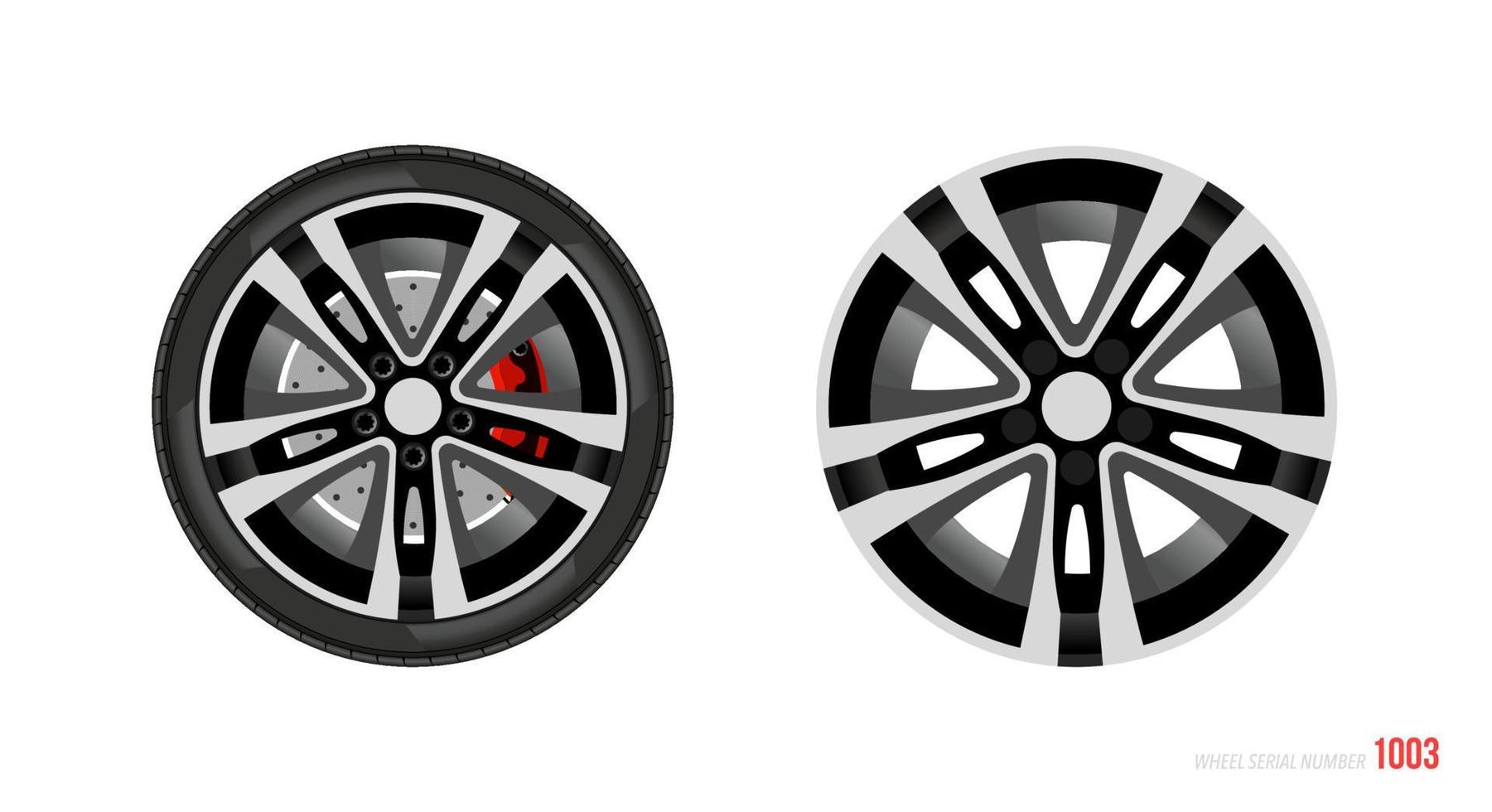 Realistic car rim. Wheel and rim symbol in modern and flat style. Vector illustration of car element for web and mobile design. Isolated on white background.