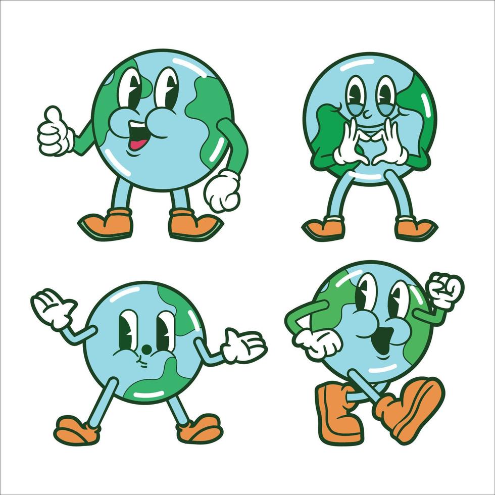 Set of Cute Retro Earth Mascot, Retro Earth Day Mascot vector Illustration