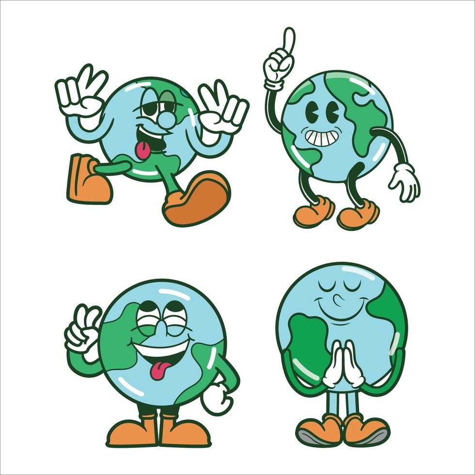 Set of Cute Retro Earth Mascot, Retro Earth Day Mascot vector Illustration