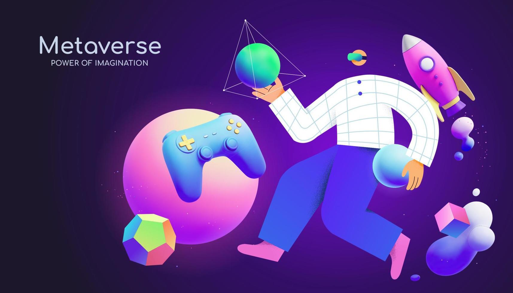 A young man with goggle floating among 3d neon gradient objects, including game controller and space rocket. Concept of surrealism, immersive experience, metaverse or virtual reality. vector