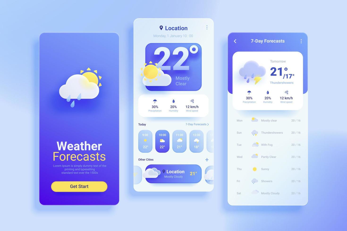 Modern and minimal mobile app ui interface kit for weather forecast. 3d glassmorphism design. vector