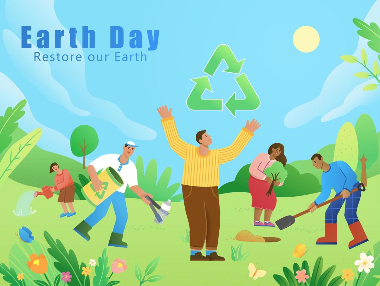 Earth day or Arbor Day illustration of diverse people removing trash from forests and planting new trees. Concept of saving the planet. Flat style. vector