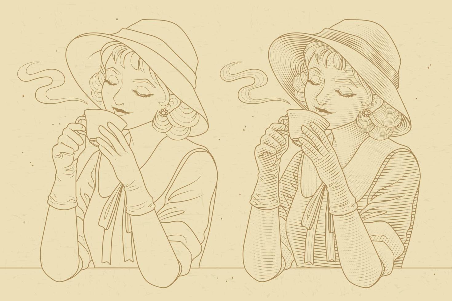 Portrait of a woman in the style of 1920s sipping a cup of hot coffee in afternoon tea time vector