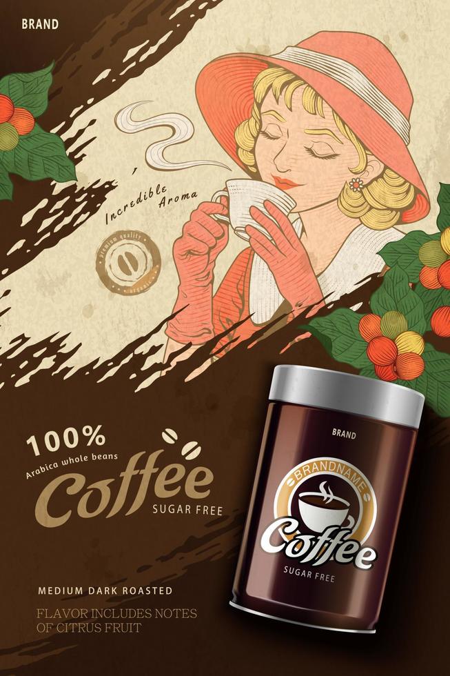 Canned coffee beans poster ad. Illustration of an engraved 1920s young woman smelling the aroma of a cup of hot coffee and showcase a 3D canned coffee bean package in the bottom vector