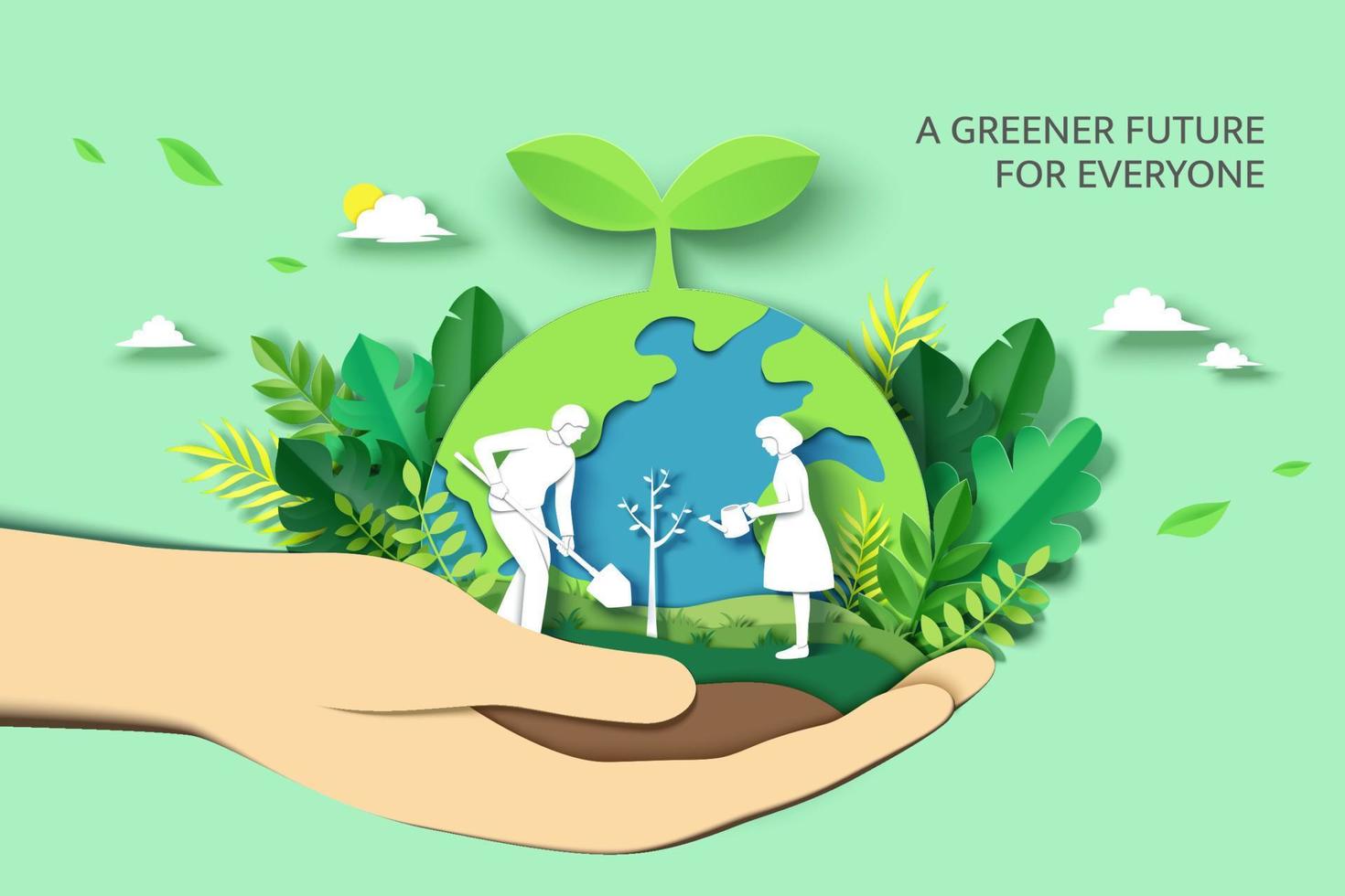 Arbor day banner. Paper cut illustration of two adult silhouettes planting a small tree in nature for greener the world environment vector