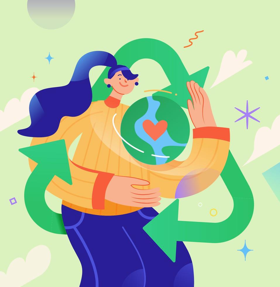 Earth day illustration of a woman holding a planet in hand with love and care. Concept of recycling and saving the planet for the next generation. vector