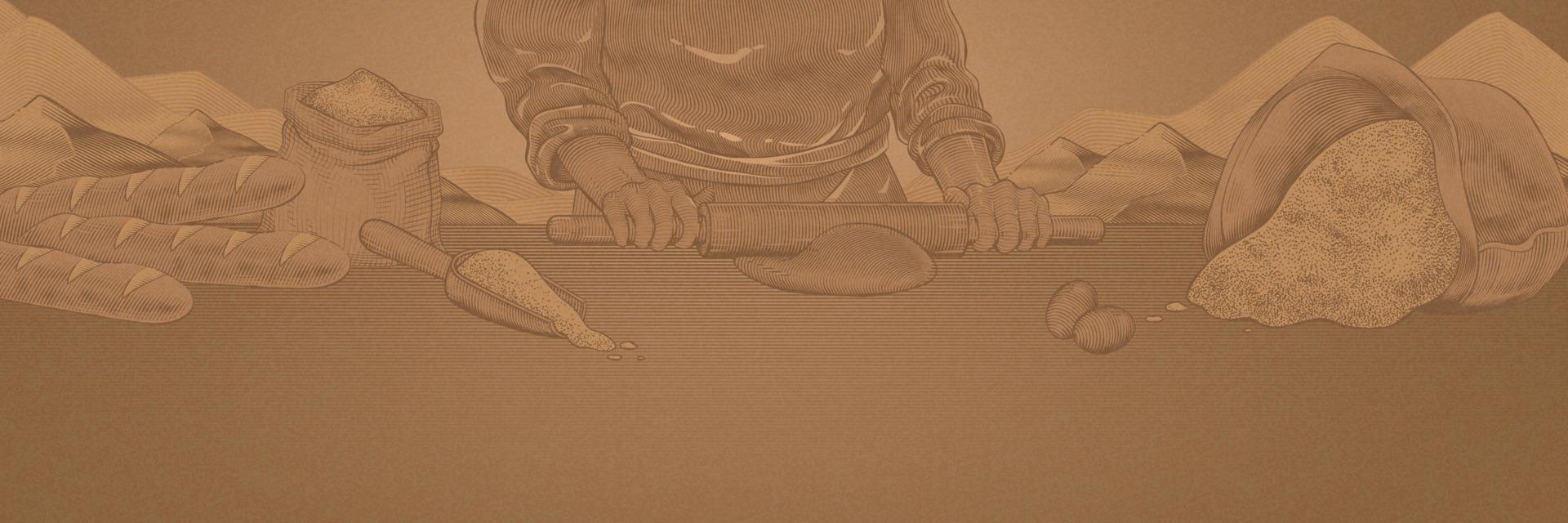 Engraved illustration of a baker rolling out dough with a rolling pin on the work table on rustic mountains background vector