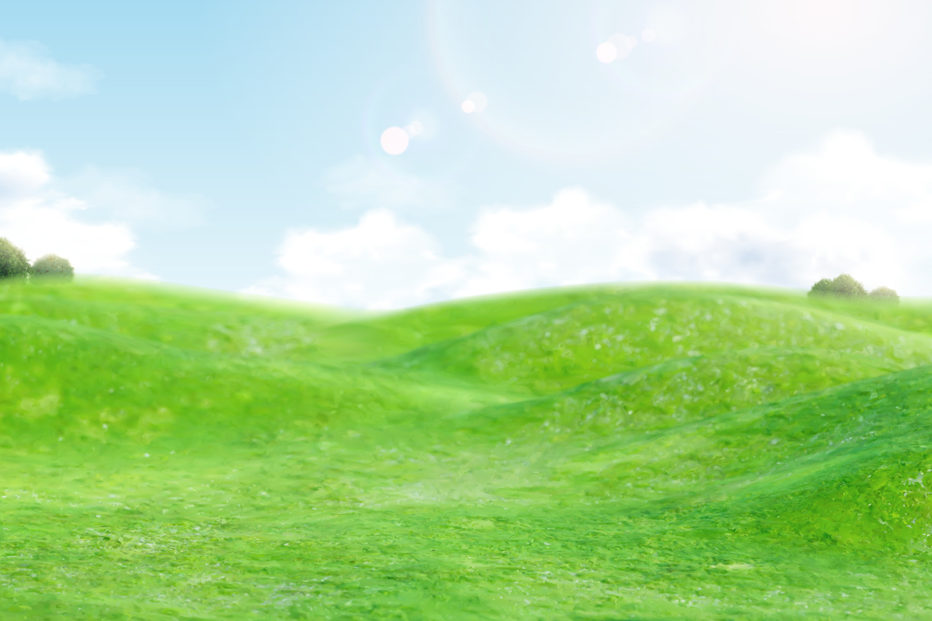 Green field with blue sky background in 3d illustration. Farm and