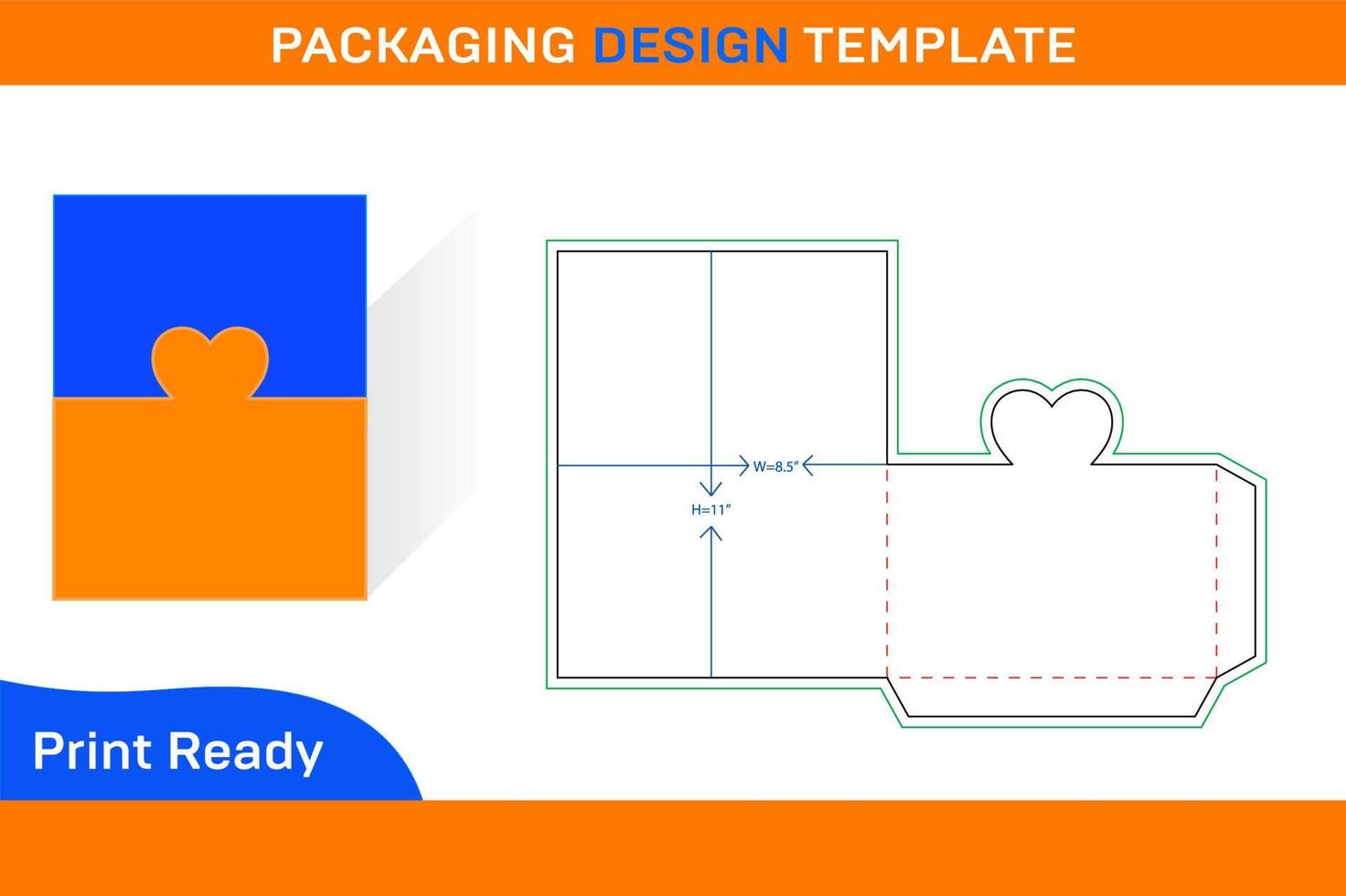 Heart cut shape Pocket or folder dieline, 3D ready for 8.5x11 inch page but editable vector