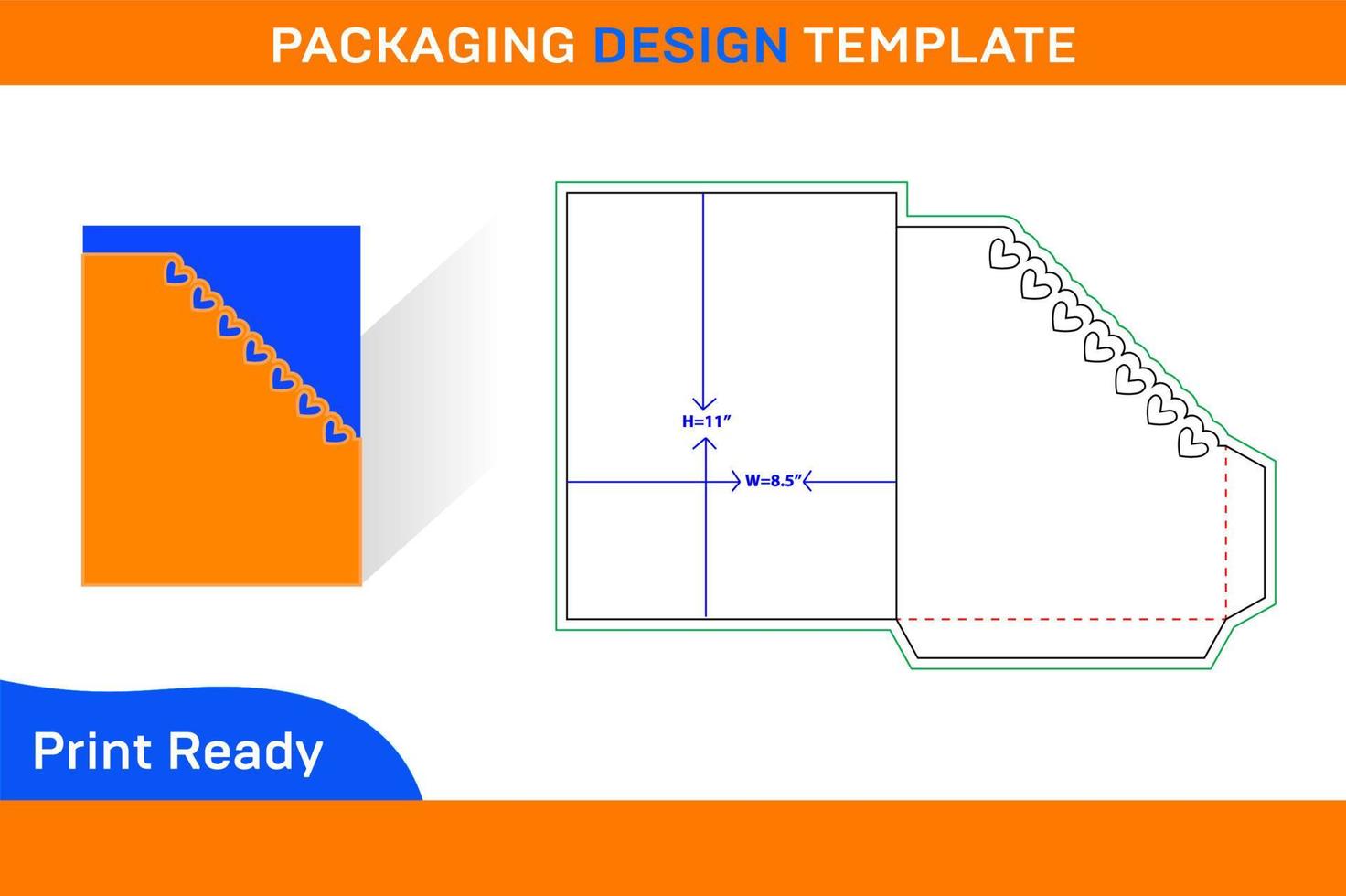 Angle cut with heart shape folder 8.5x11 inch envelope dieline template and vector