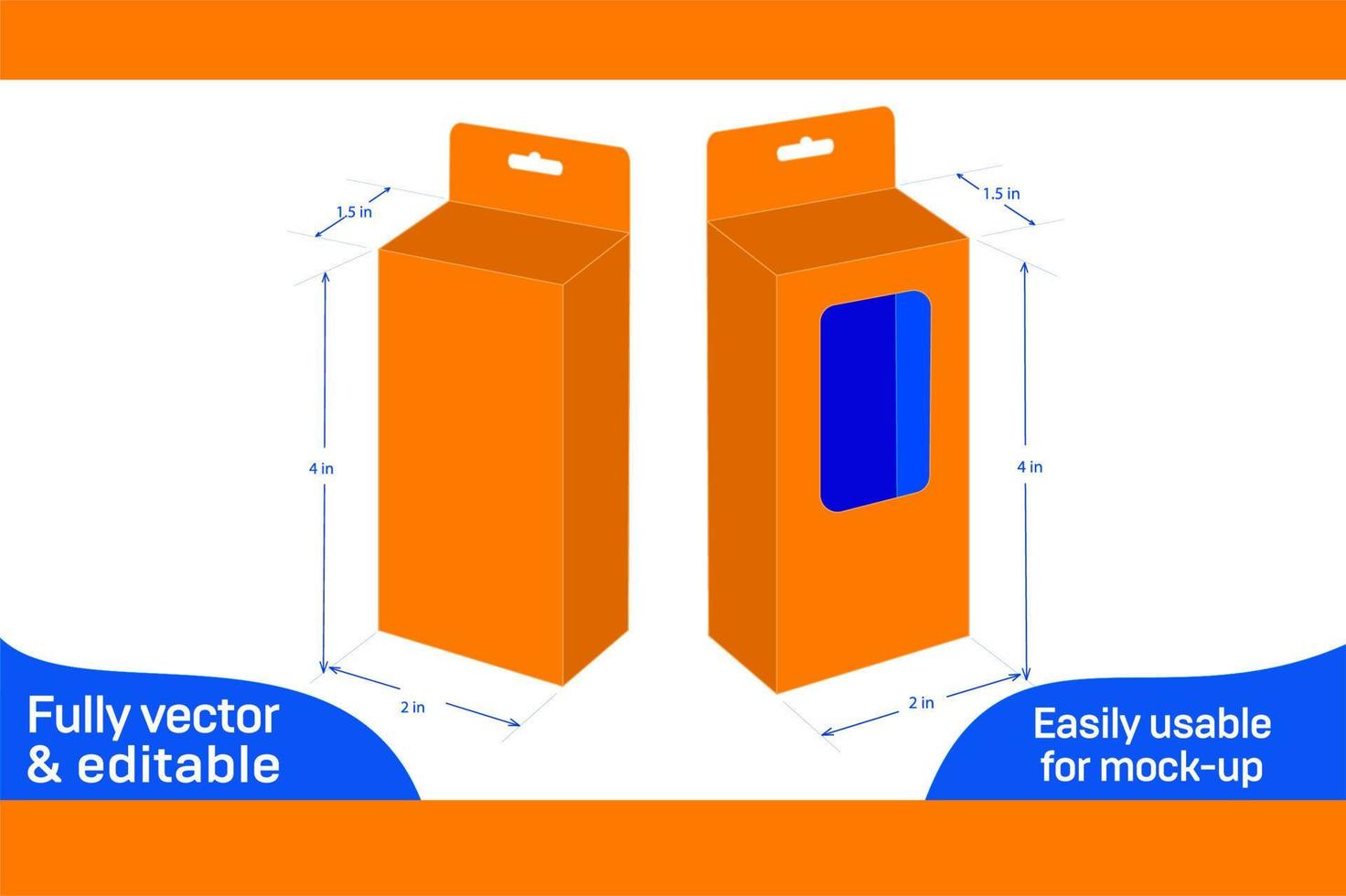 Bottom snap lock hanging window mobile charger box, 2x1.5x3.5 box dieline template and 3D box vector