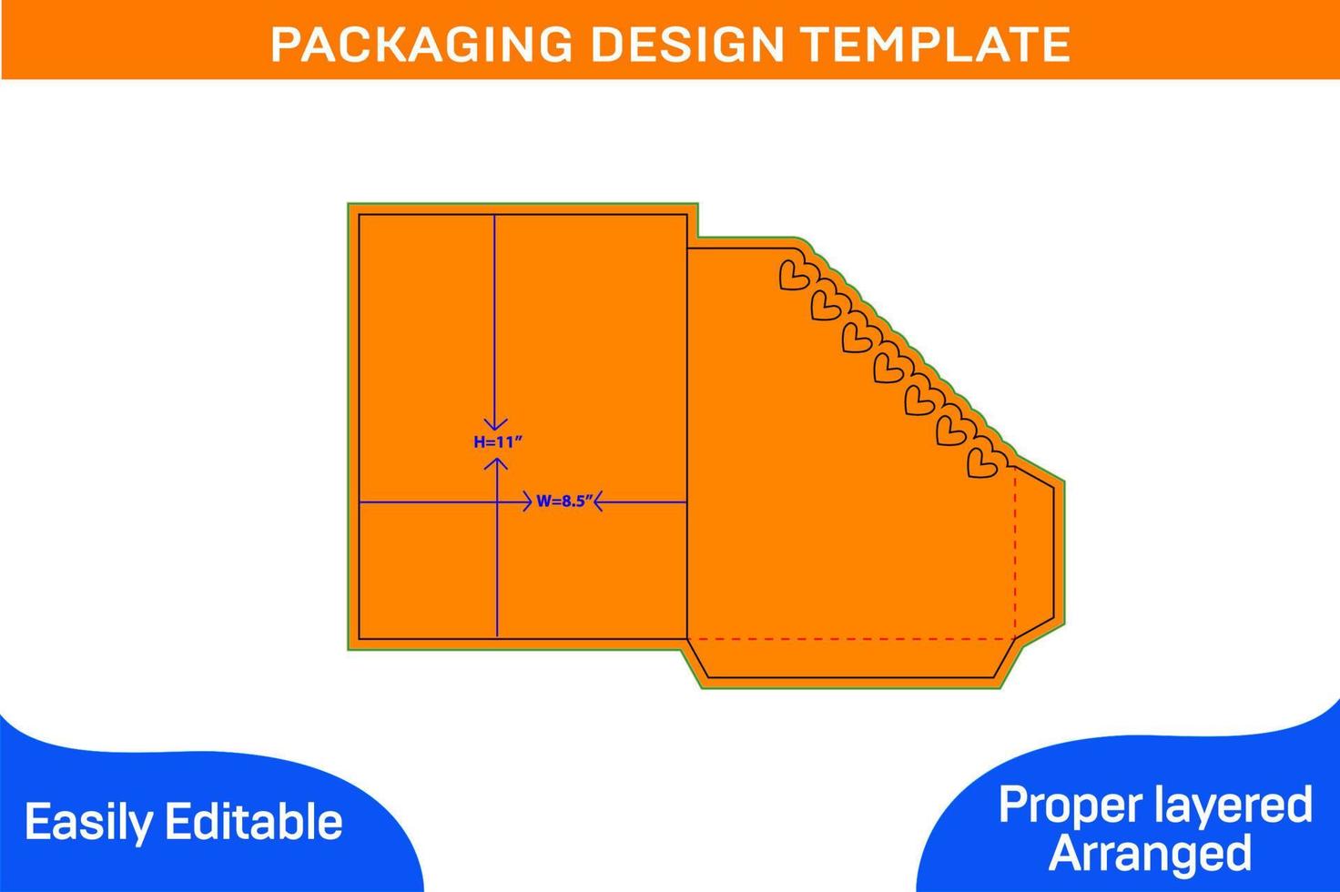 Angle cut with heart shape folder 8.5x11 inch envelope dieline template and vector