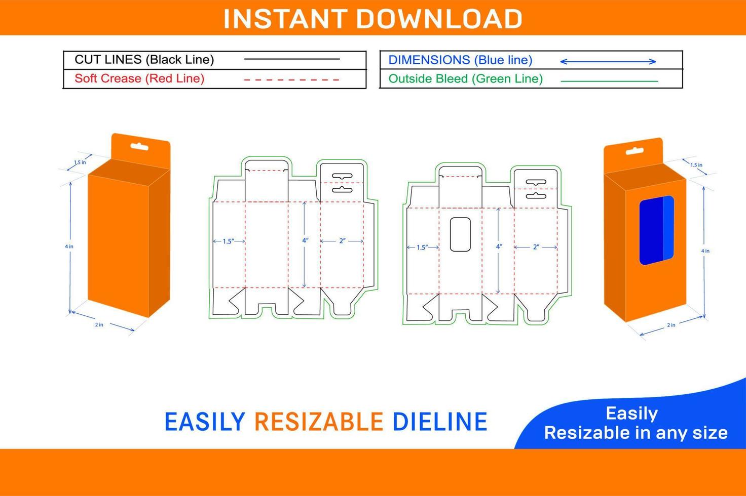 Bottom snap lock hanging window mobile charger box, 2x1.5x3.5 box dieline template and 3D box Box dieline and 3D box vector