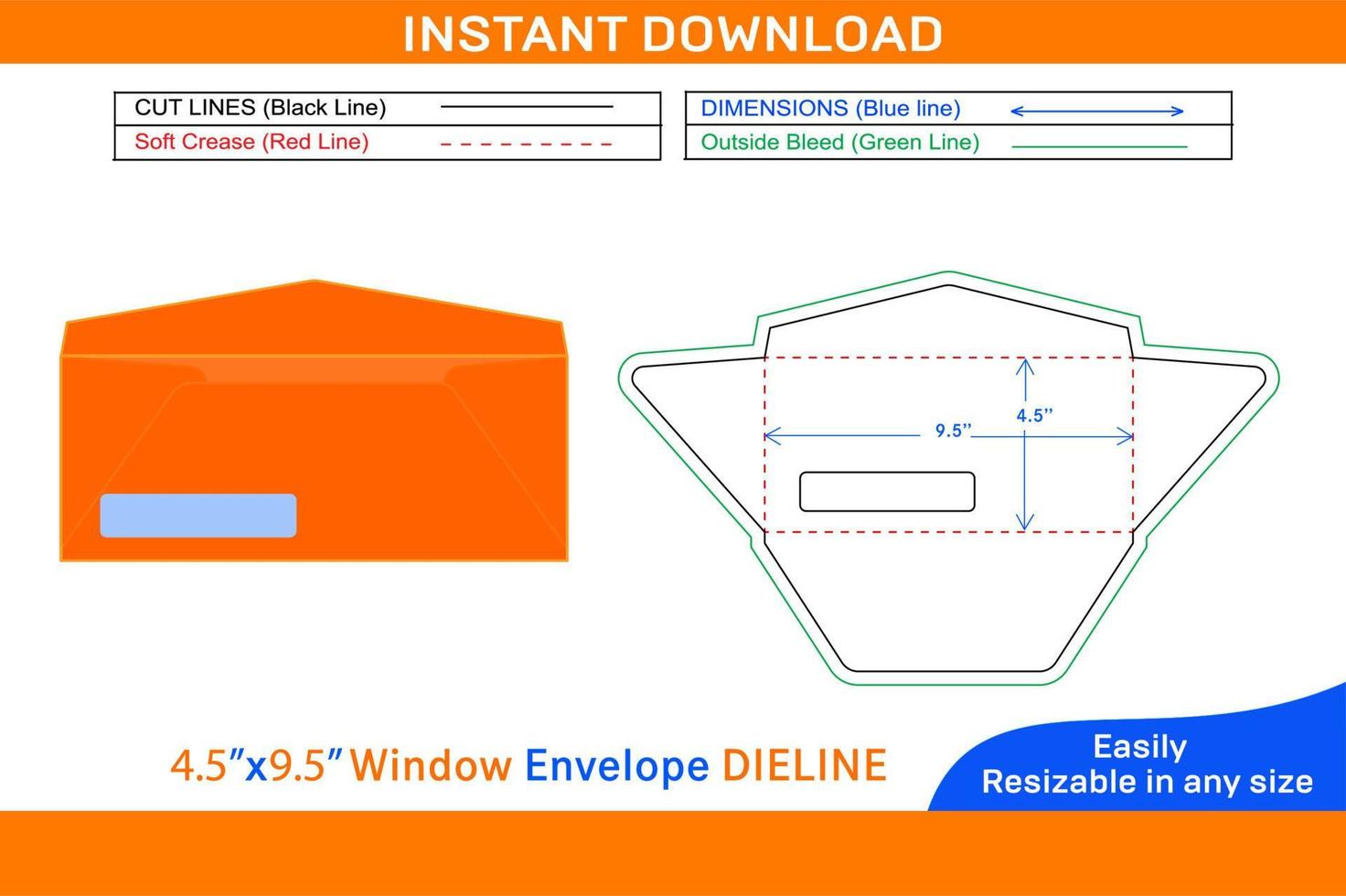 Window Envelope design 4.5x9.5 inch dieline template Box dieline and 3D box vector