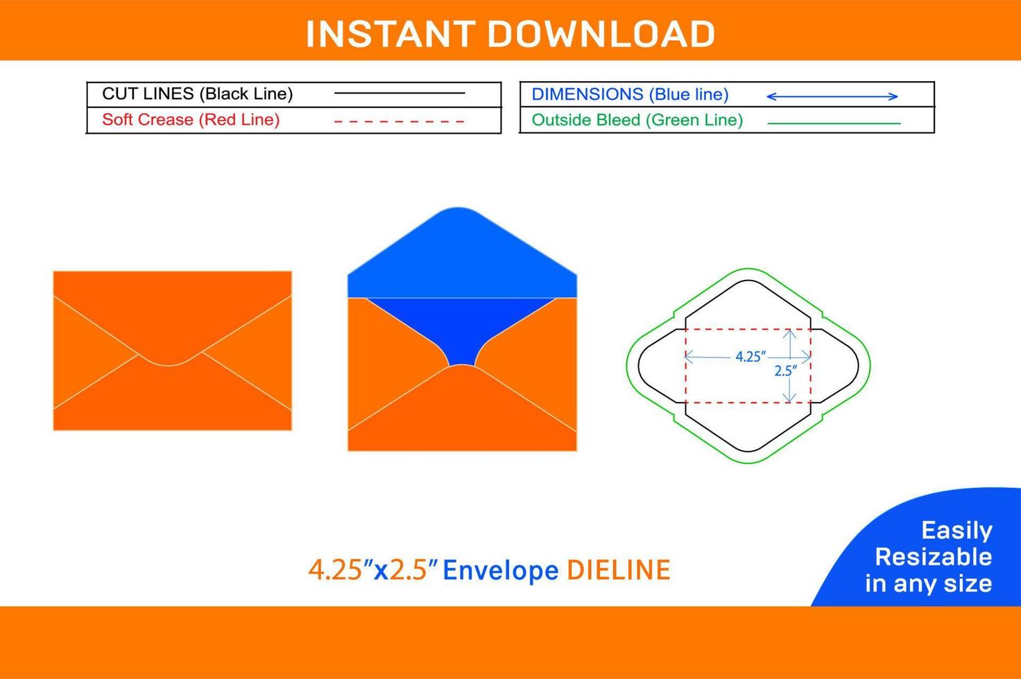 Plain mini gift packaging envelope 4.25x2.5 inch dieline template and 3D envelope design Box dieline and 3D box vector