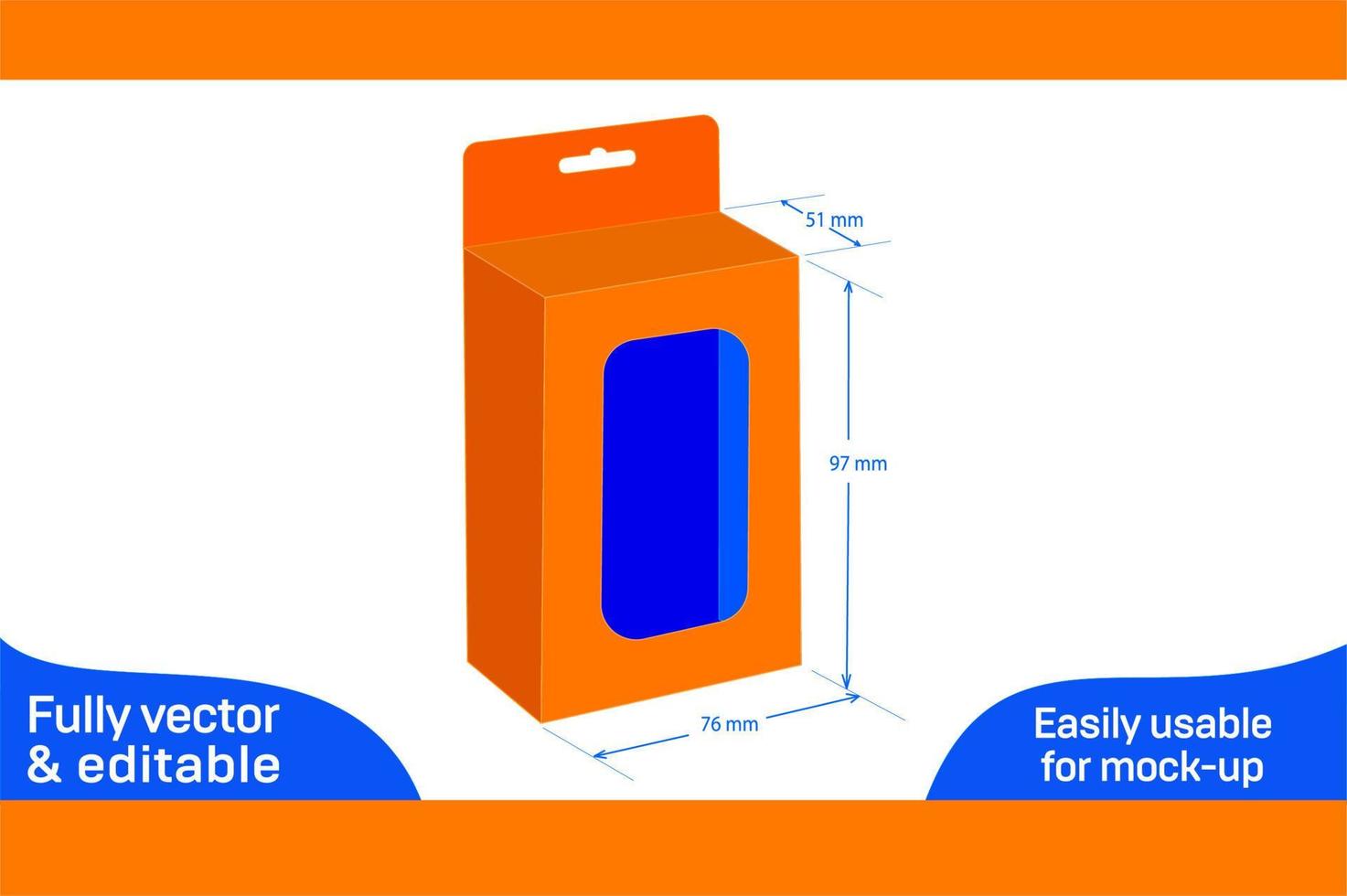 Mobile charger bottom snap lock box, Hanging window 76 x 51 x 97 mm box dieline template 3D box vector