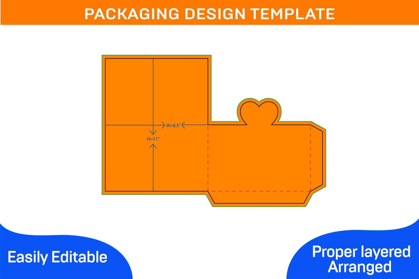 Heart cut shape Pocket or folder dieline, 3D ready for 8.5x11 inch page but editable vector