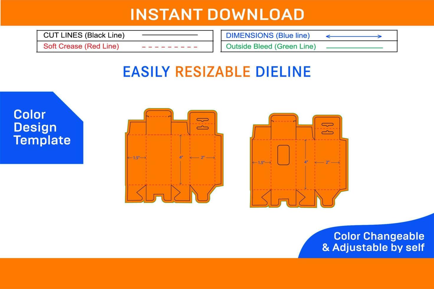 Bottom snap lock hanging window mobile charger box, 2x1.5x3.5 box dieline template and 3D box Color Design Template vector