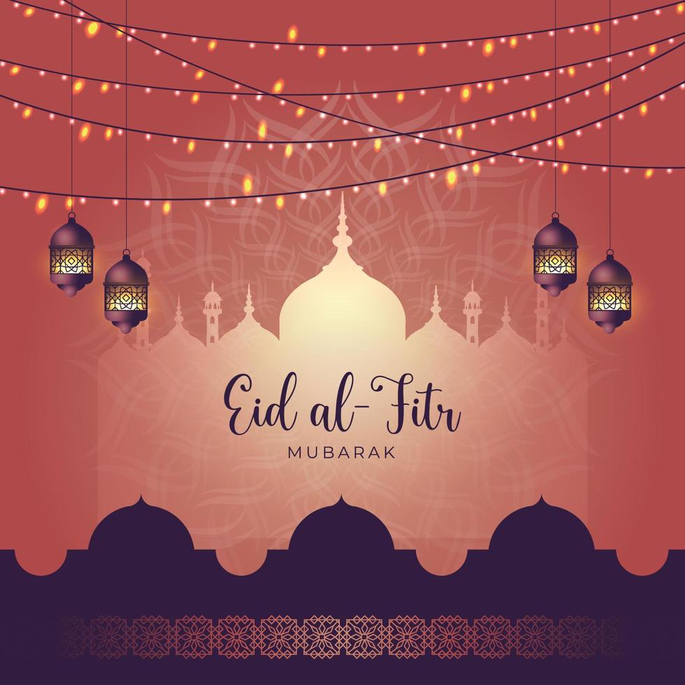 Luxurious Eid al fitr Mubarak greeting design template with arabic calligraphy, crescent moon and futuristic lantern. Free Vector