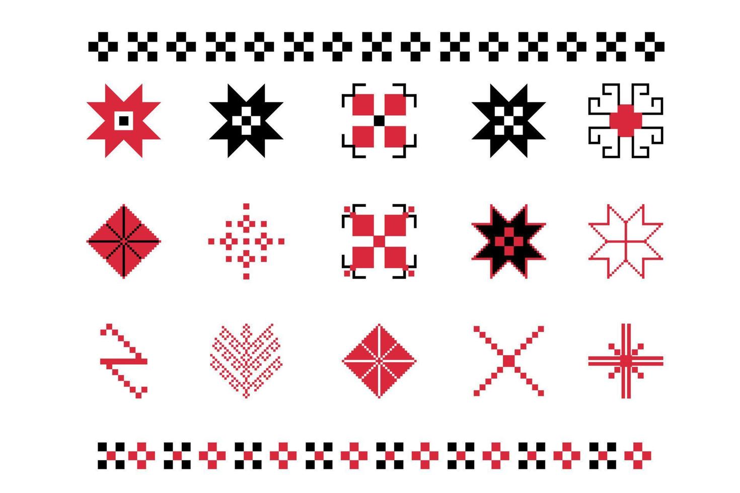 Set of geometric figures of ethnic embroidery. Seamless pattern of tribal embroidery. Ukrainian pattern. Ethnic ornament. Cross-stitch. Repeating lines. Vector illustration on a white background.