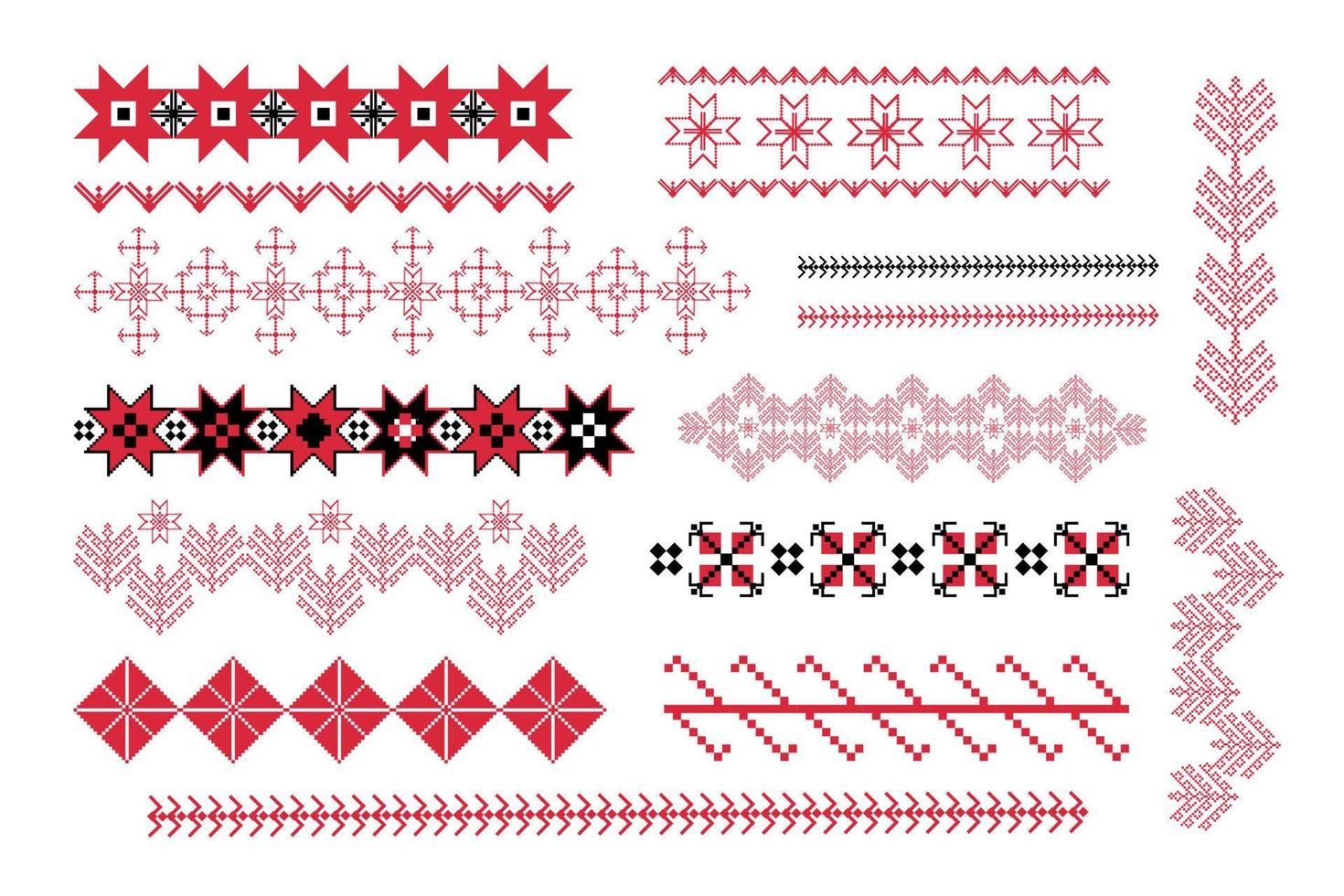 Set of geometric figures of ethnic embroidery. Seamless pattern of tribal embroidery. Ukrainian pattern. Ethnic ornament. Cross-stitch. Vector illustration on a white background.