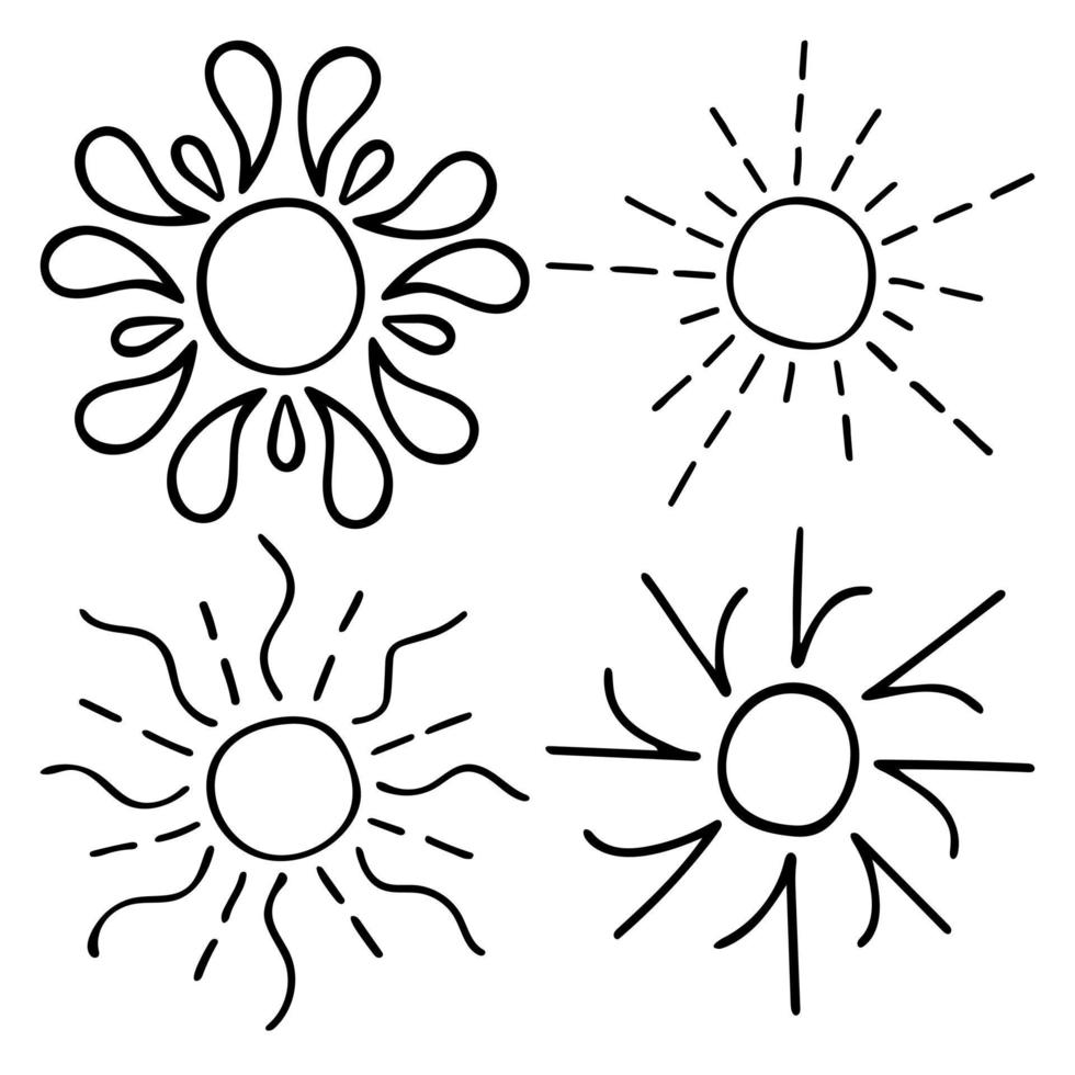 Doodle outlines of the sun. Vector drawing of sunbeams. Variety of sunbeams