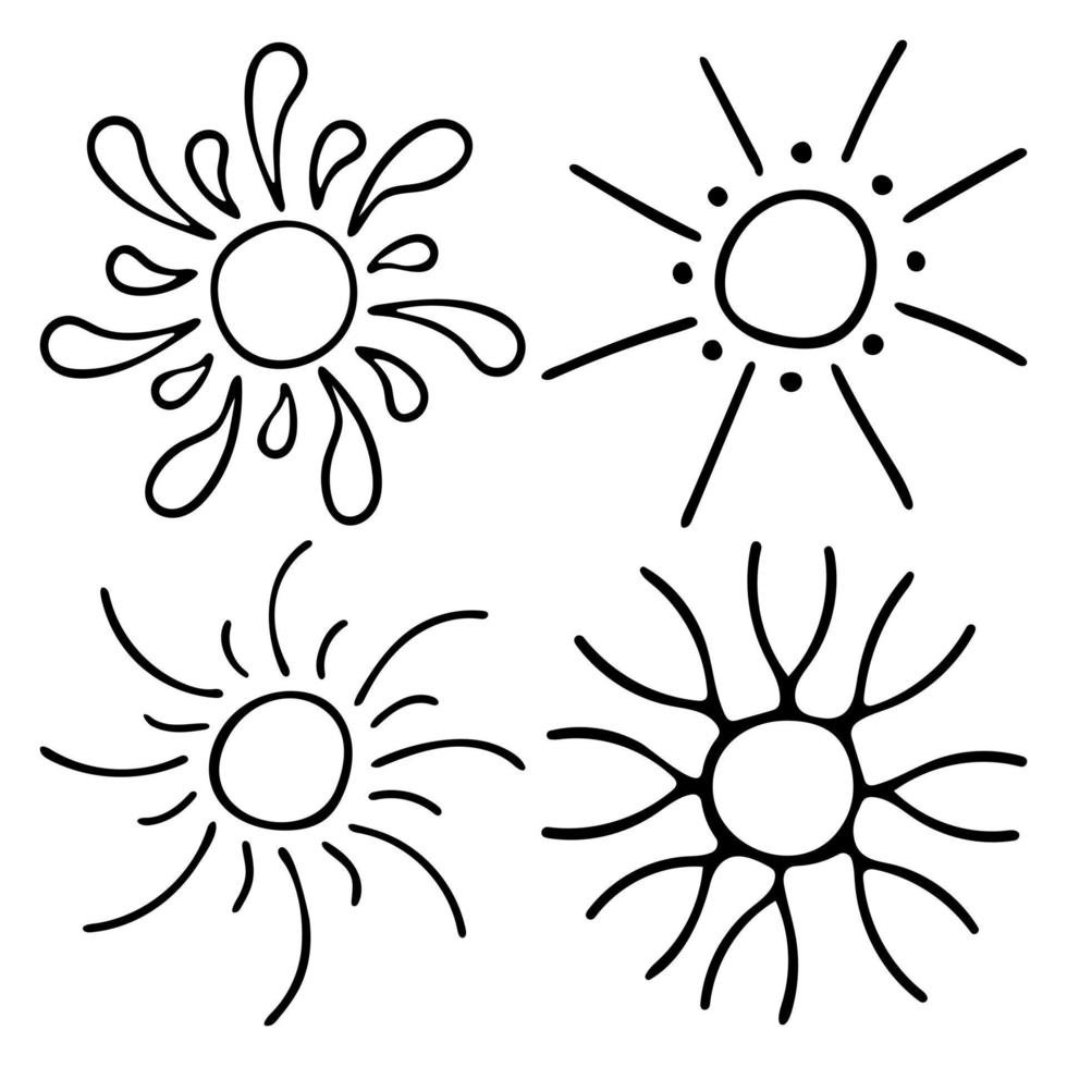 contornos de garabatos del sol. dibujo vectorial de rayos de sol. variedad de rayos de sol vector