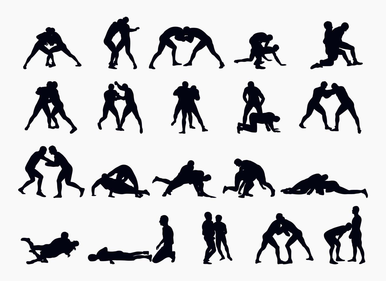 Set black silhouettes athlete wrestler in wrestling, duel, fight. Greco Roman  wrestling, martial art vector