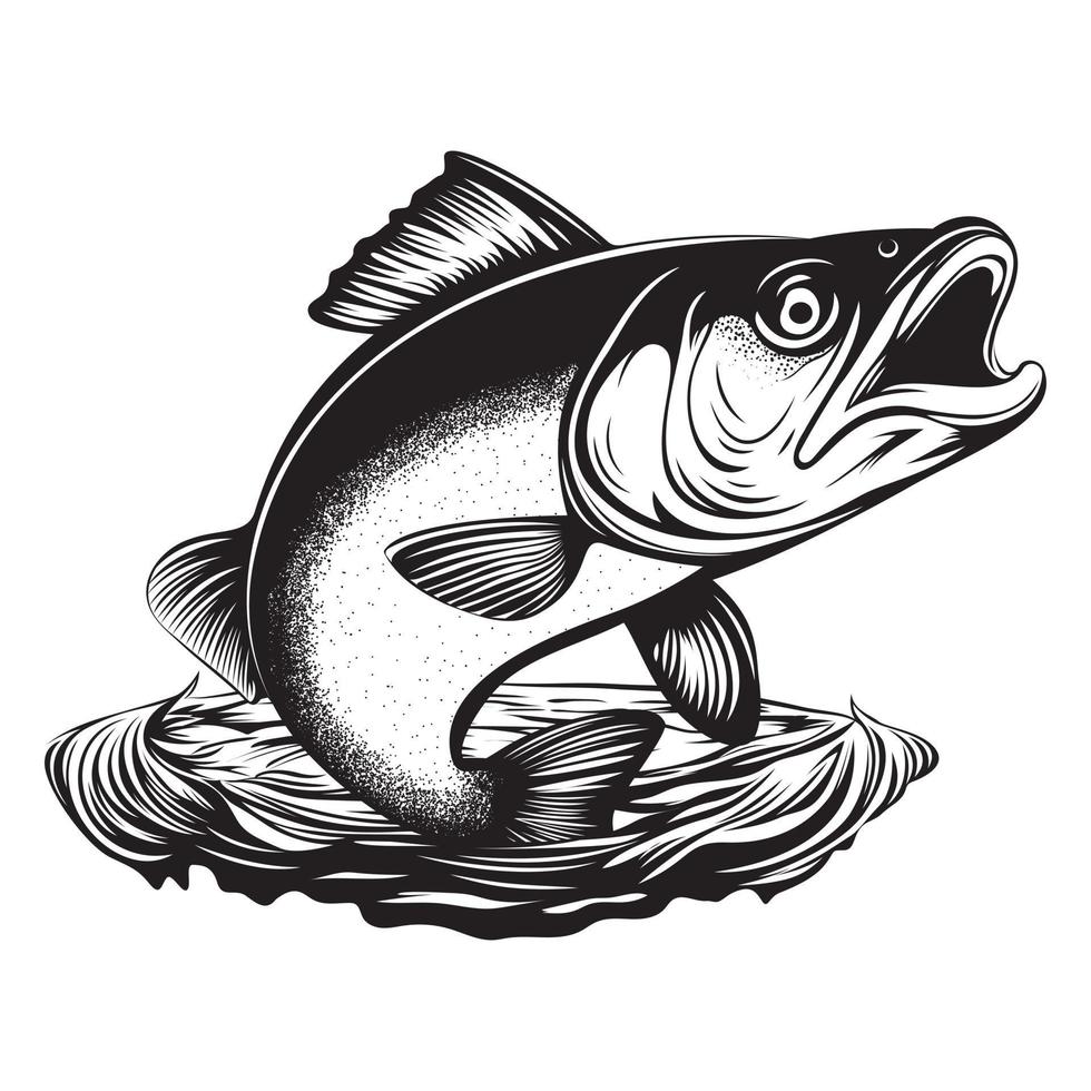 Black and White Fish Jumping out of the Water Vector Illustration - Fish jumping Silhouette, Hand Drawn Illustration