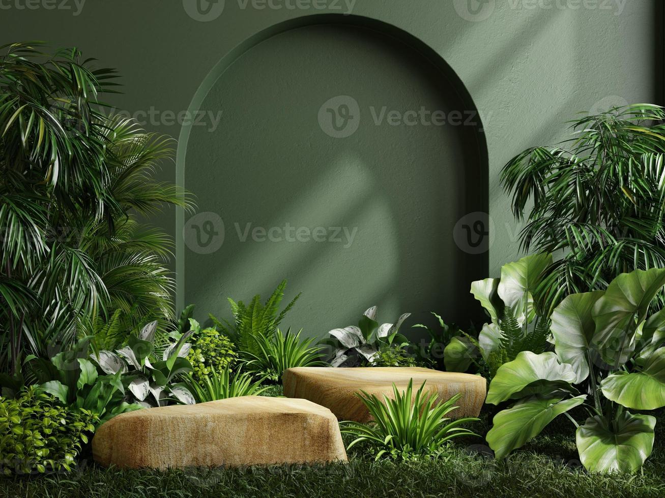 dos podio Roca en tropical bosque para producto presentación y verde pared. foto