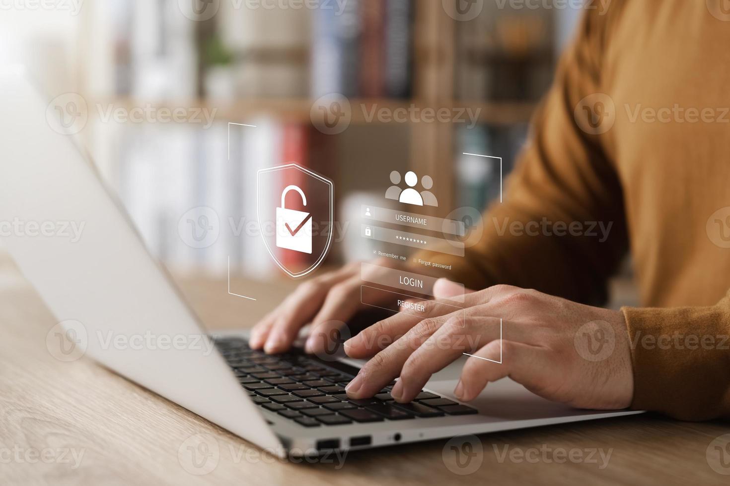 Cybersecurity privacy of data protection, businessman using laptop Secure encryption technology, security Internet access, security encryption of user private data, business confidentiality. photo