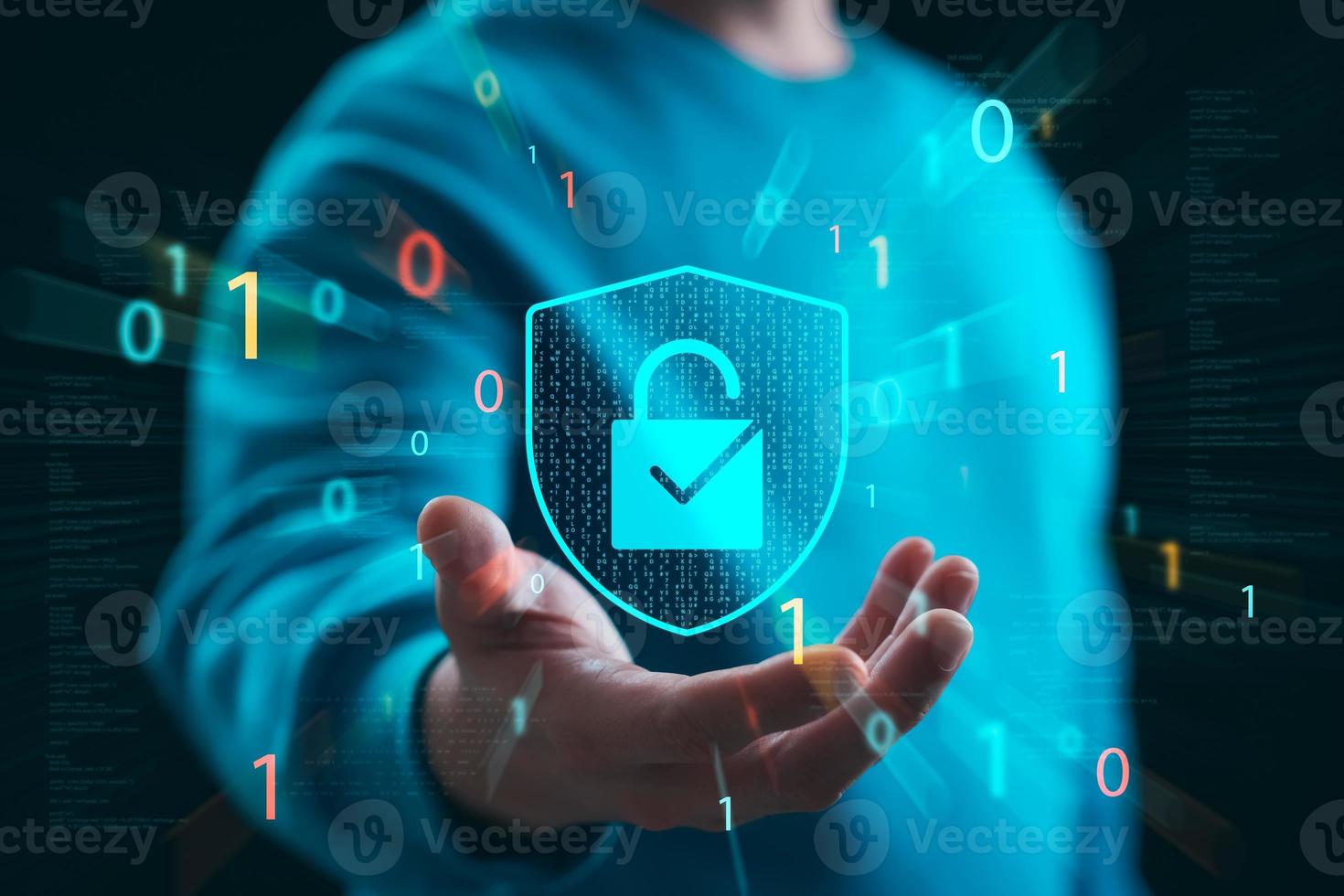 Cybersecurity Privacy data protection concept, businessman holding key protect business and financial data with virtual network connection, security internet access, security encryption. photo