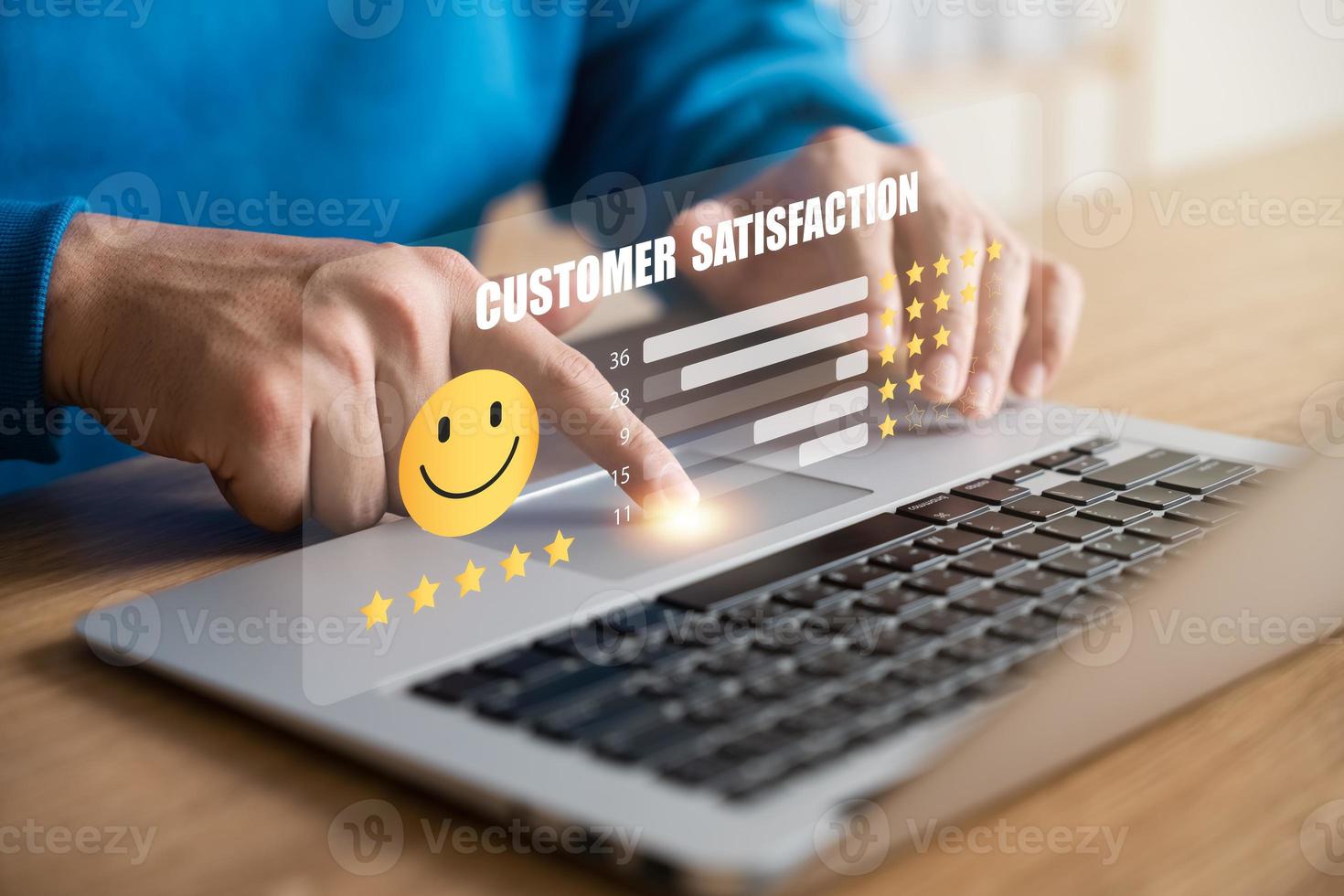 Customer Satisfaction Survey concept, 5-star satisfaction, service experience rating online application, customer evaluation product service quality, satisfaction feedback review, good quality most. photo