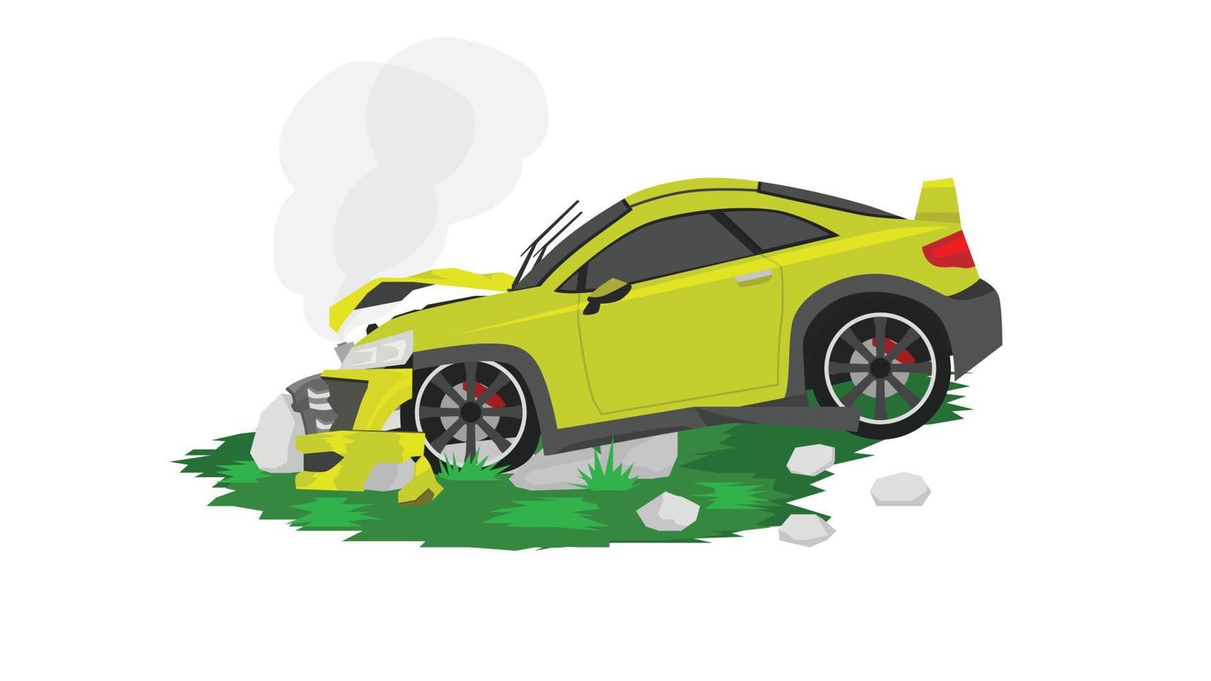 Vector or Illustration of of road accidents. Yellow car collided with the large boulders on the green grass. Front bumper was damaged and smoke was emanating from the hood.