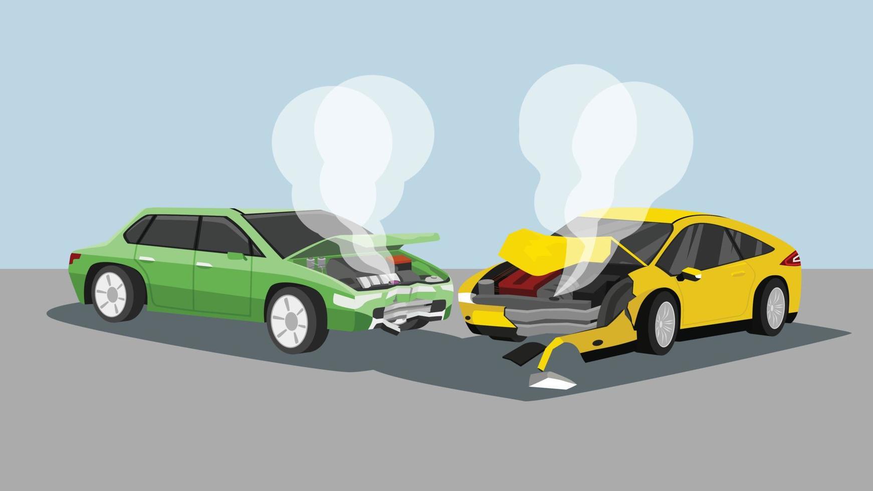 Illustiation and Vector. Two cars collide on the road. The front was badly damaged. Car was badly damaged and smoke was emanating from the radiator. Background of hafl gray and soft blue color. vector