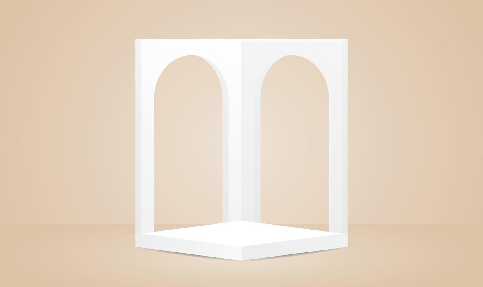blanco de moda mínimo dos arcos monitor etapa 3d ilustración vector en beige color pared y piso para poniendo objeto