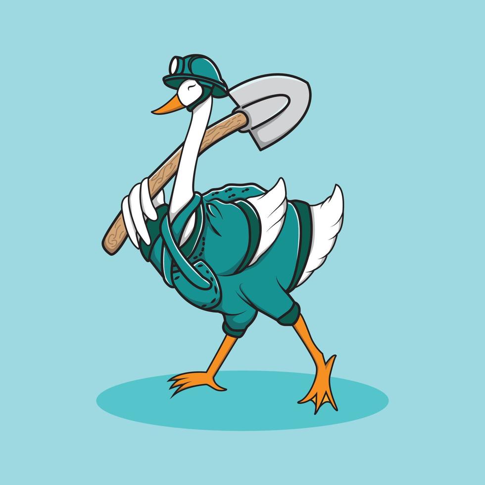 Mining worker goose character illustration on light blue theme vector