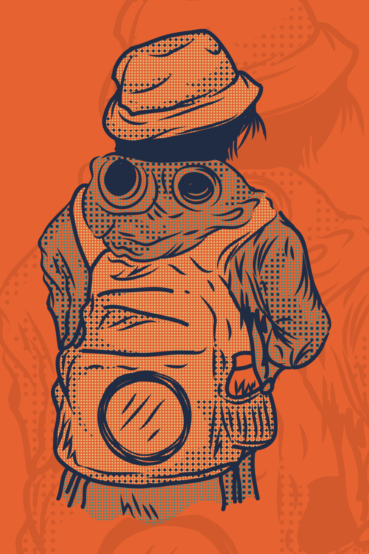 Illustration of a man with a bag from the back in orange color tone