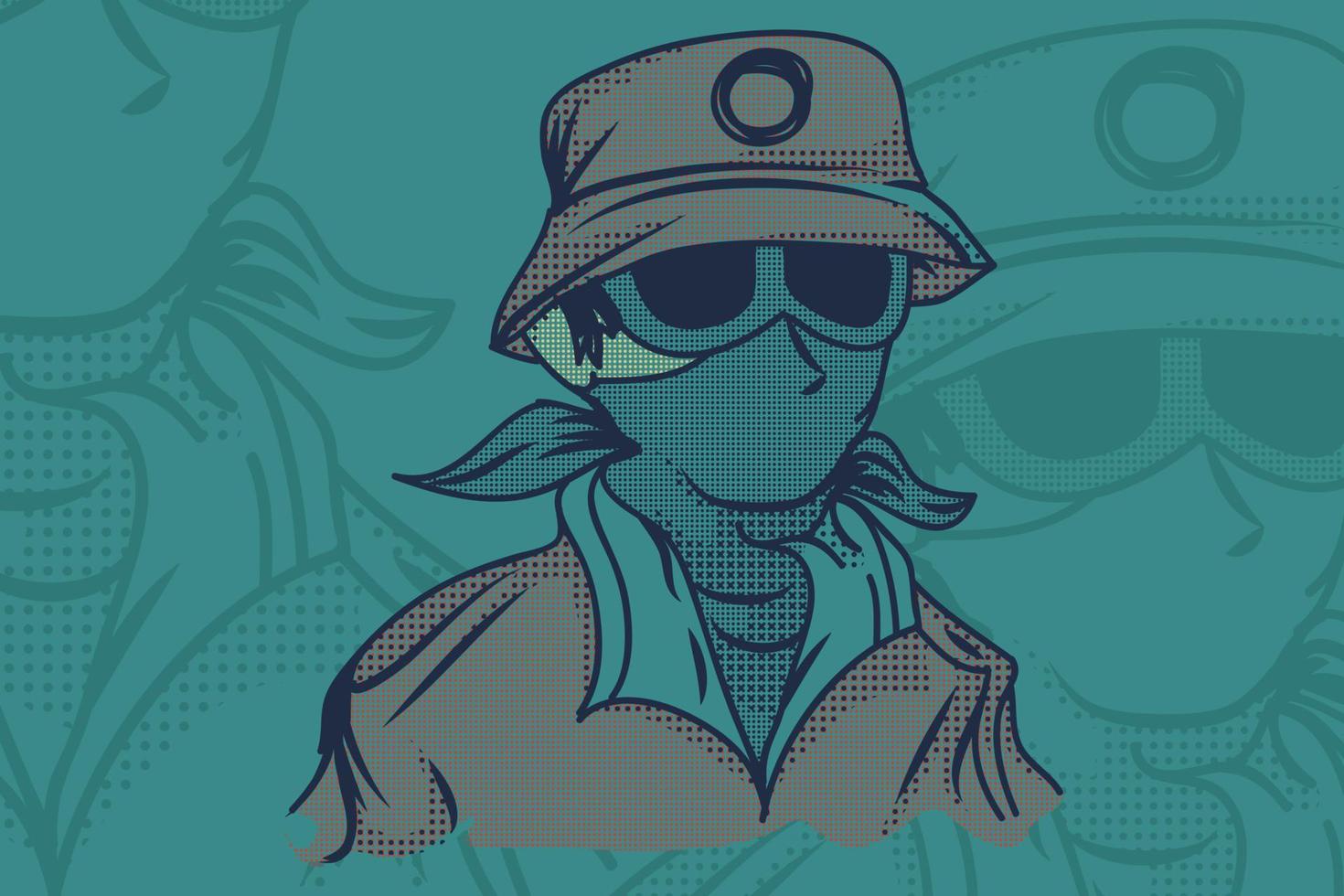 Illustration of a man wearing glasses and a mask with a bucket hat in turquoise green tones vector
