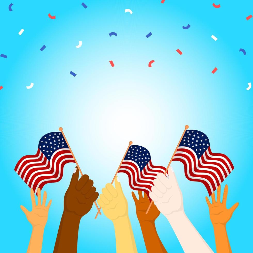 people of various races holding the flag of the united states, celebrating national day, symbolizing the unity of the united states of america vector