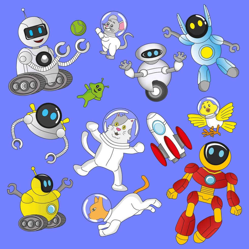 colección de robots y amigos en exterior espacio, editable, eps 10, vector, carteles, juegos, sitios web, para niños historia libro ilustraciones, impresión y más vector