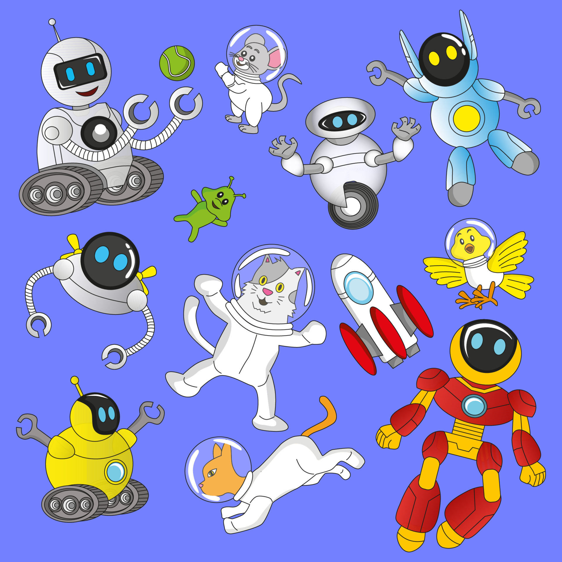 Collection of robots and friends in outer space, editable, eps 10