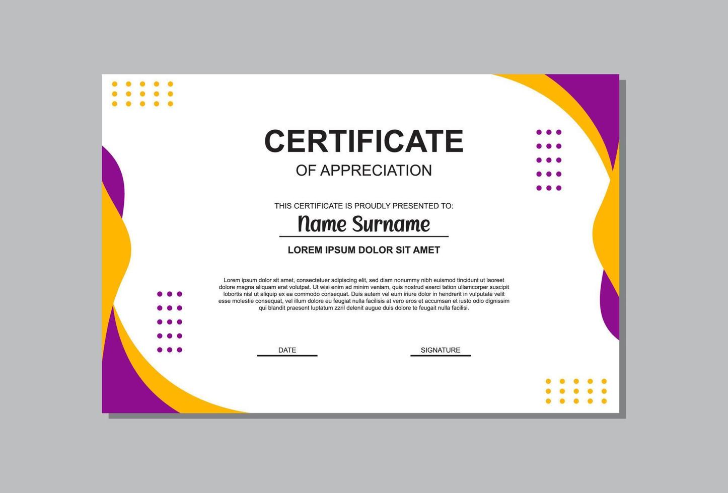 certificate template in orange and purple colors in abstract style. vector