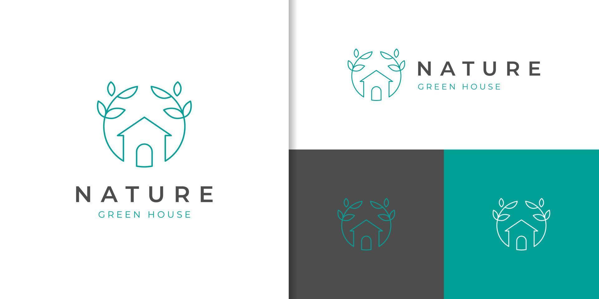 nature green house logo design line art style vector symbol icon design with leaf circle home concept, Eco friendly home logo design