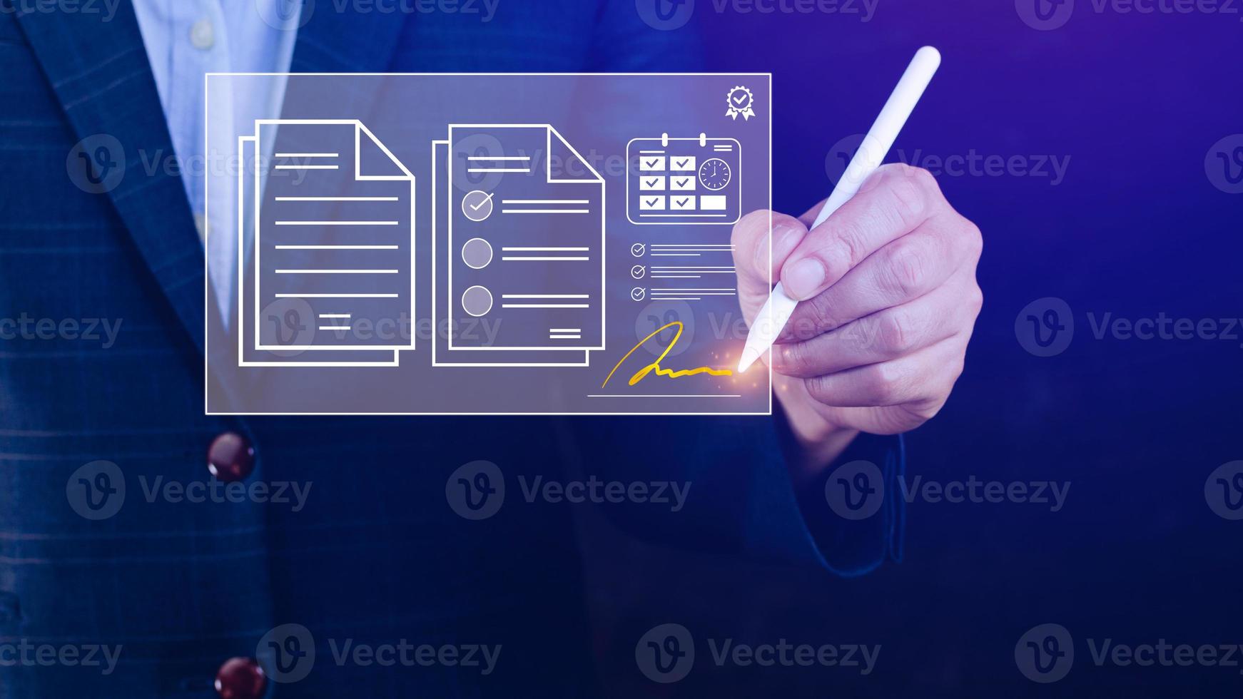 Electronic Signature Concept, Electronic Signing Businessman signs electronic documents on digital documents on virtual laptop screen using stylus pen, Paperless workplace idea. photo