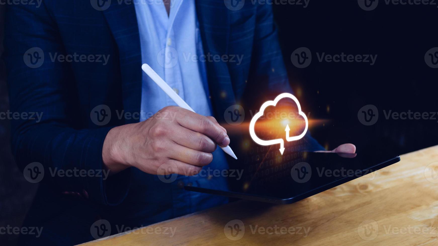 Businessman touching virtual cloud computing to transfer database. information upload, download application. Technology business transformation data concept..Big data Concept photo