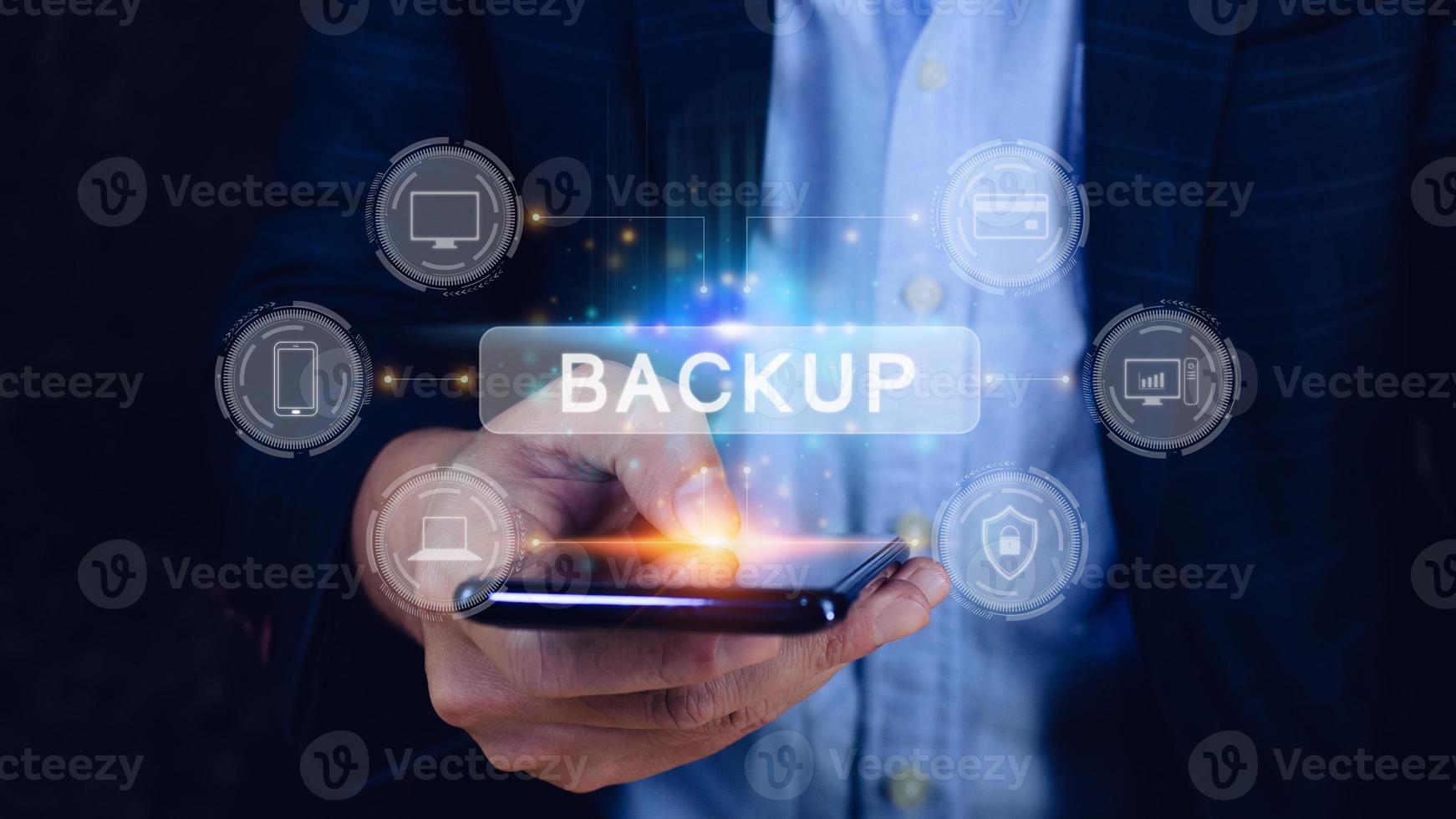 Internet data storage backup on smart phone, technology business concept, Cloud technology, Data storage, Networking and internet service concept. photo