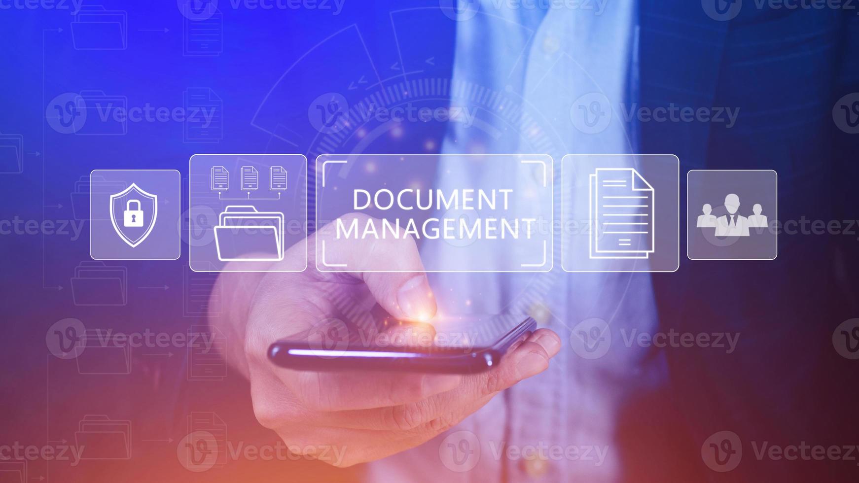 Document Management System DMS being setup IT consultant working on smartphone. Software for archiving, searching and managing corporate files information photo