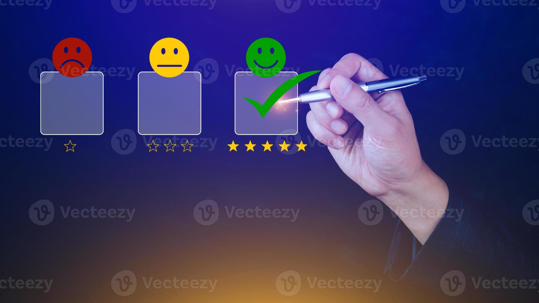 Businessman choosing happy smile face icon. feedback rating and positive customer review experience, satisfaction survey. mental health assessment. photo
